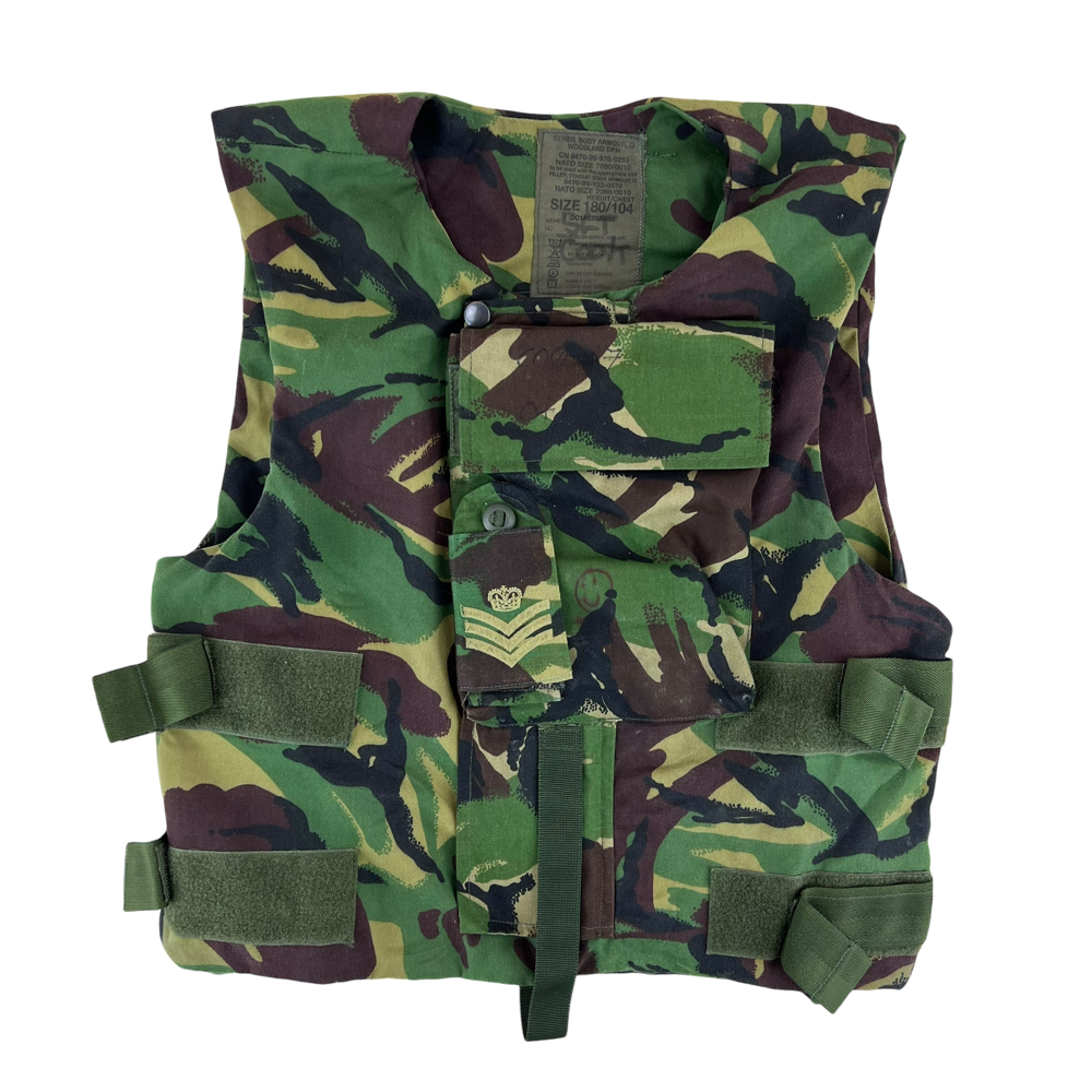 British Army 1990s Woodland DPM Camouflage Body Armour Cover Vest — British military surplus armour cover, archive ref BA1990WDCBACV
