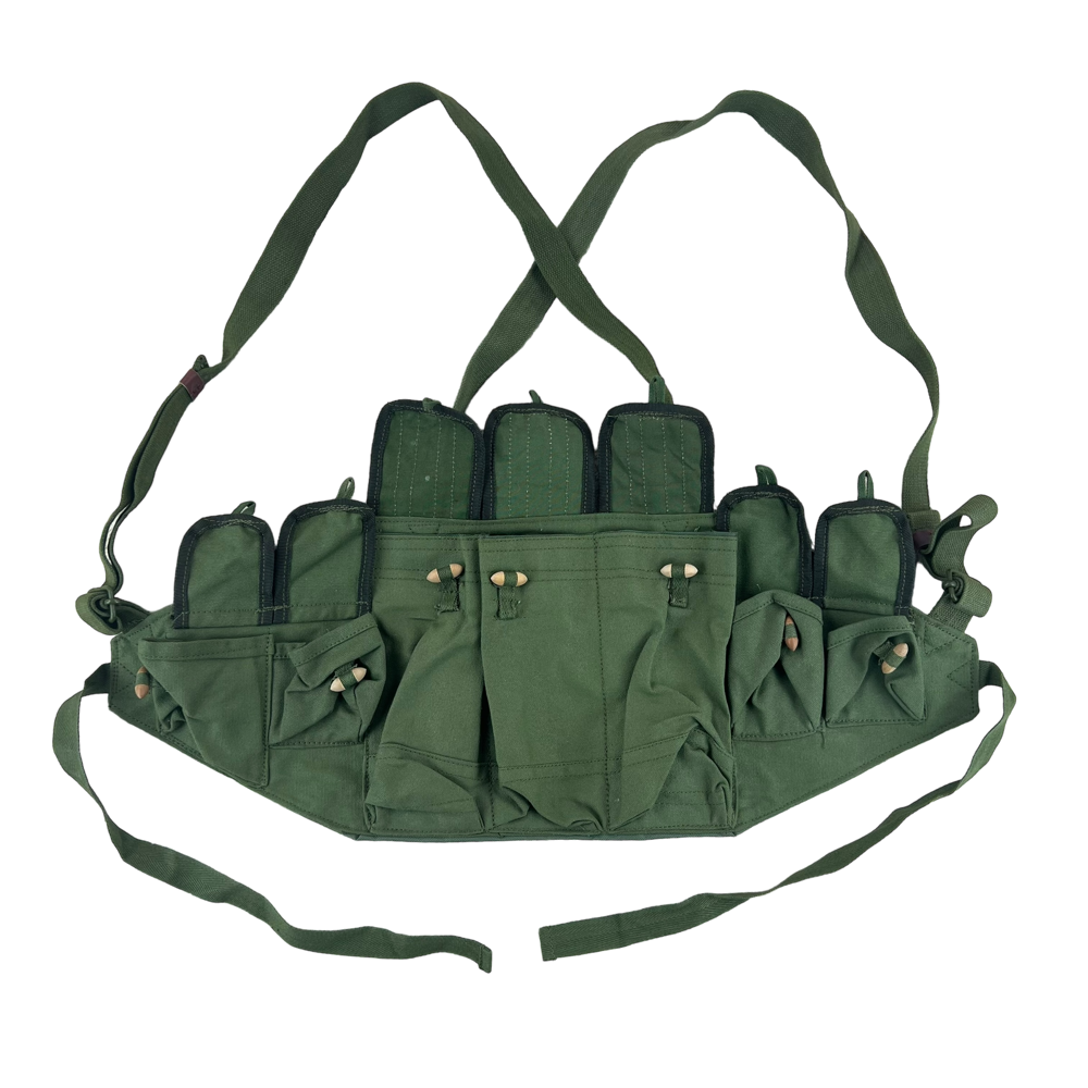 Chinese People's Liberation Army 1980s Type 81 Olive Green AK Bandolier Chest Rig — Chinese military surplus webbing, archive ref CPLA1980T81OGABCR