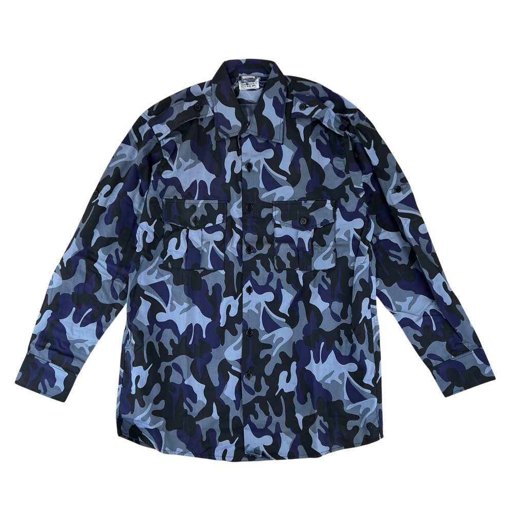 Romanian Police 1990s M1990 Blue Leaf Camouflage Long Sleeve Shirt — Romanian military surplus shirt, archive ref ROP1990M1990BLCLSS