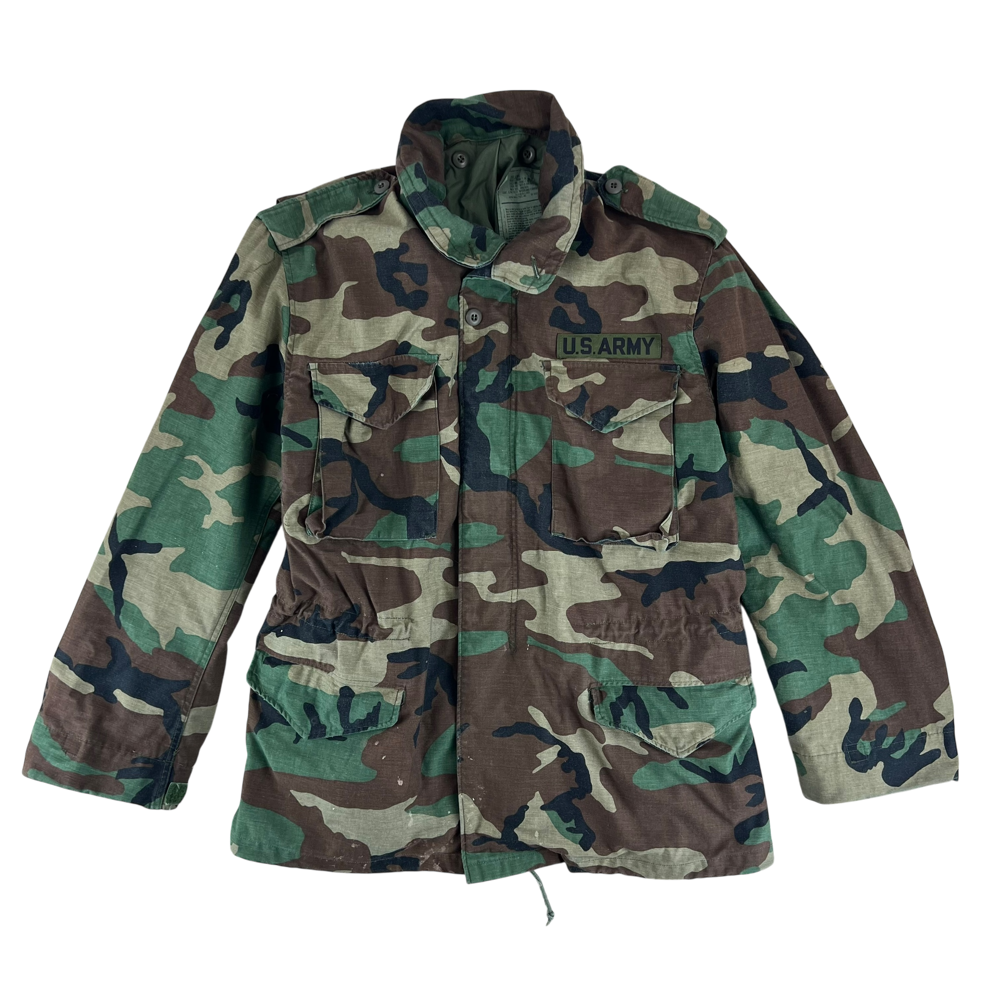 United States Army 1980s M81 Woodland Camouflage M65 Cold Weather Field Coat — United States military surplus coat, archive ref USA1980M81WCM65CWFC