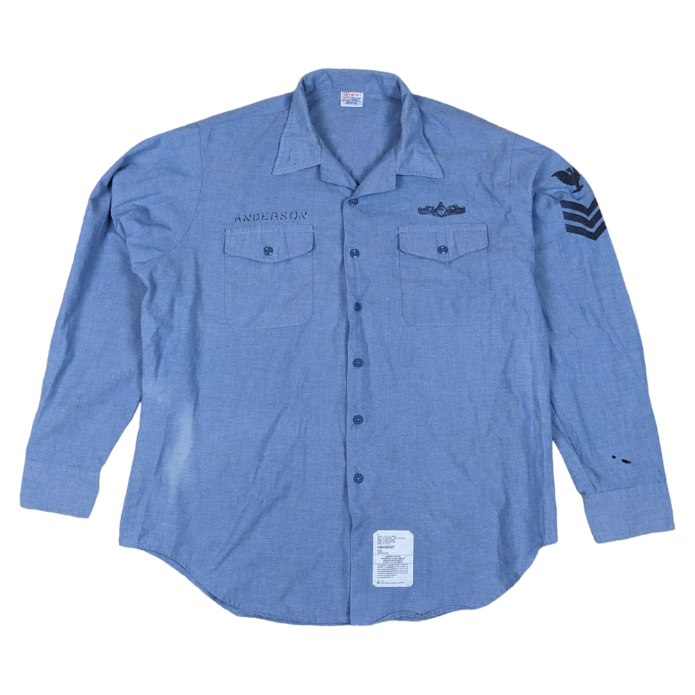 United States Navy 1980s Light Blue Long Sleeve Service Shirt — United States military surplus shirt, archive ref USN1980LBLSSS